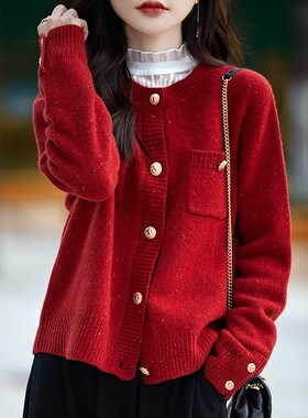 本命年蛇年衣服2025新款100纯羊毛红开 衫女加厚大尺码针织毛衣外