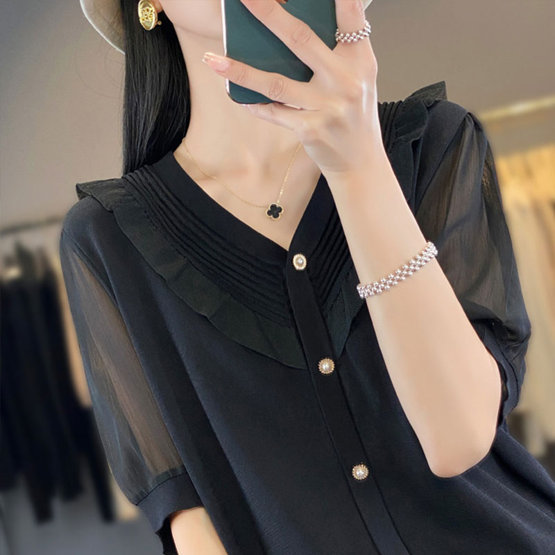 蕾丝短袖t恤女士2025新款大码女装妈妈夏装小香风上衣冰丝针织衫