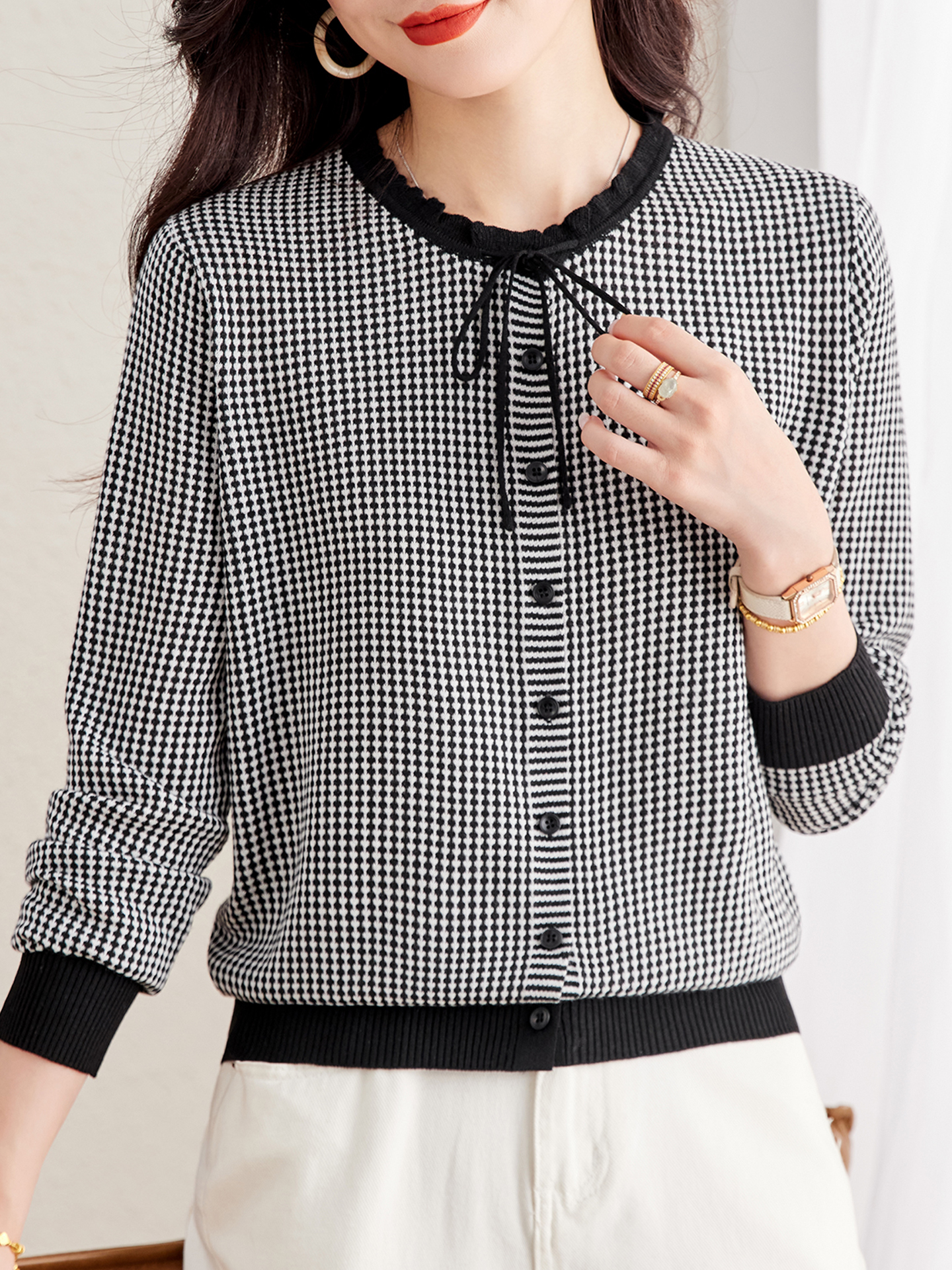 撞色千鸟格减龄针织开衫外套女2025新款洋气大码女装上衣秋冬毛衣