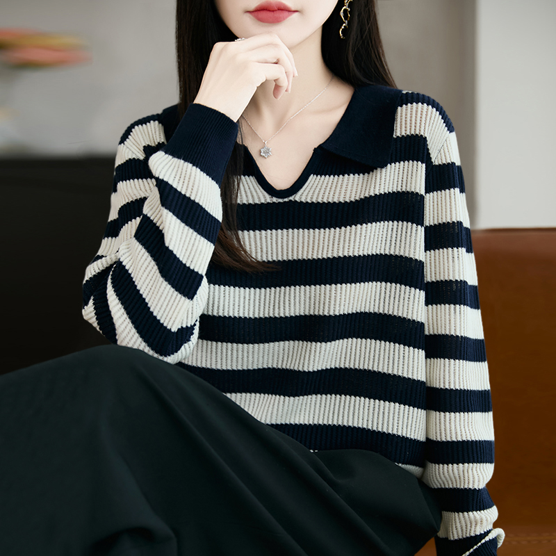 秋冬早秋翻领条纹针织打底衫女2025新款秋洋气显瘦大码女装1204u