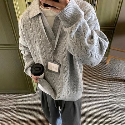 灰色假两件不起球毛衣男款冬季慵懒高级感韩系穿搭v领内搭针织衫