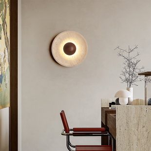 中古风简约壁灯日式侘寂氛围灯黄洞石床头灯卧室灯圆蝶形背景墙灯