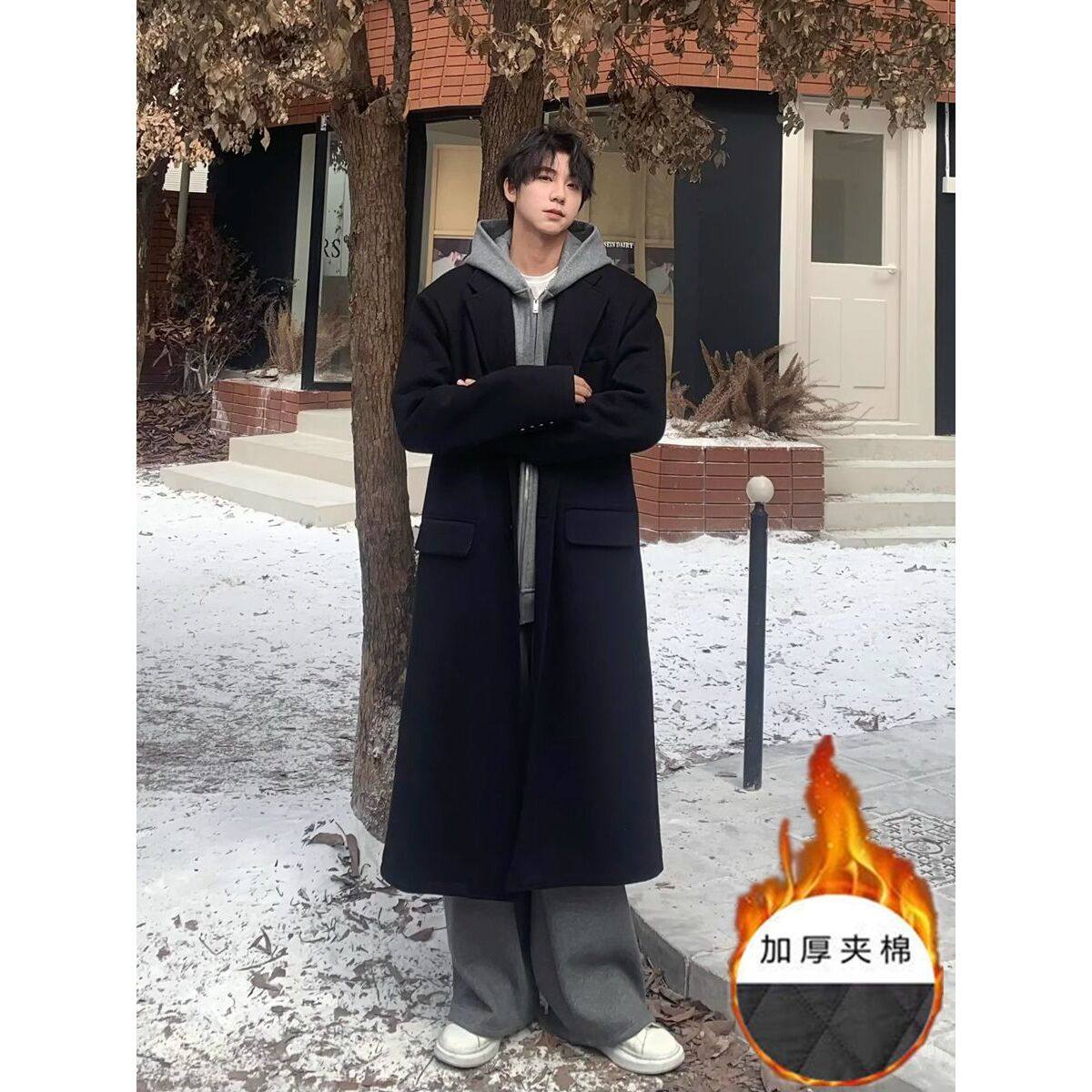 毛呢大衣男中长款冬季加厚保暖垫肩风衣宽松潮牌韩版呢子棉服外套,男装,毛呢大衣,淘宝优惠券,粉丝福利购,淘宝优惠卷