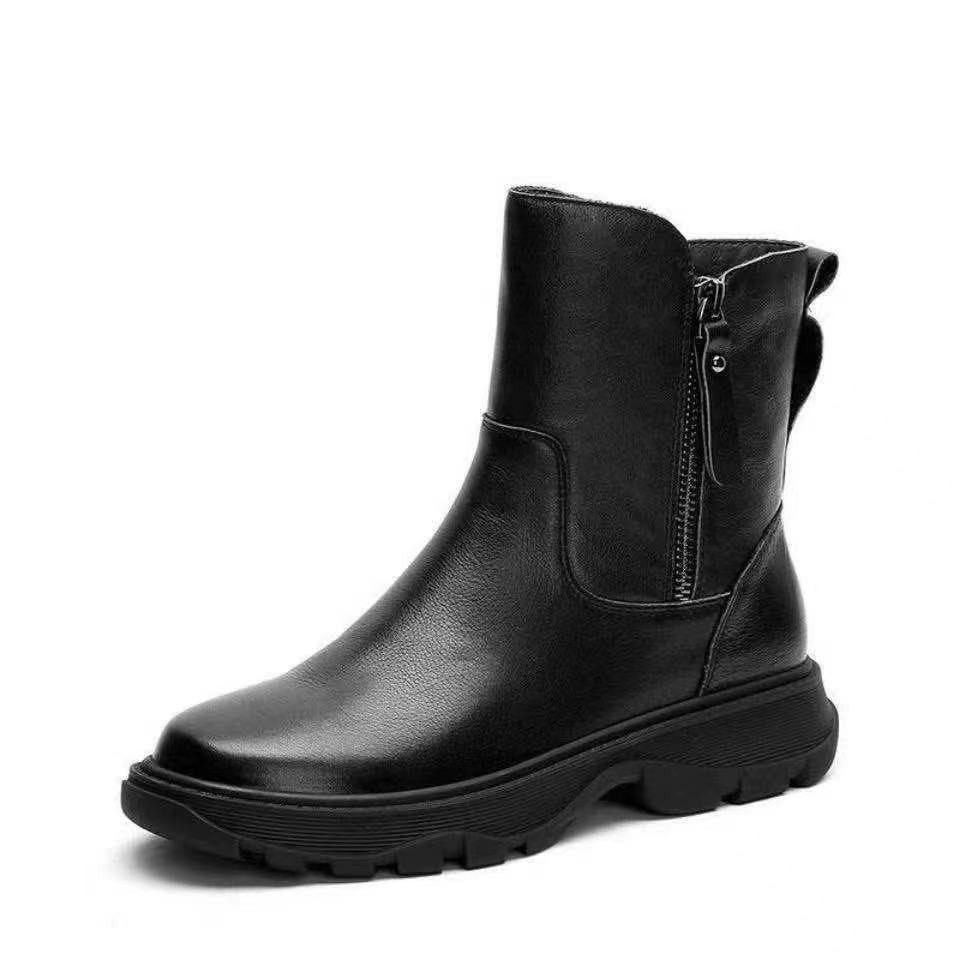 时装靴女2021年秋冬季新款时尚百搭圆头粗跟侧拉链中筒靴