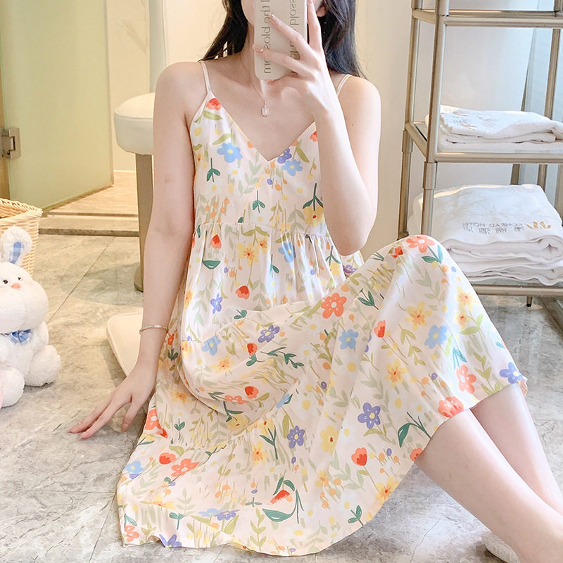 夏季V领吊带棉绸睡裙花朵薄款