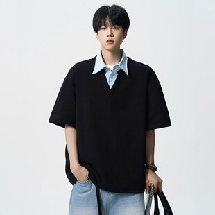 假两件翻领拼接短袖t恤男女夏季美式潮牌宽松polo领半袖休闲上衣