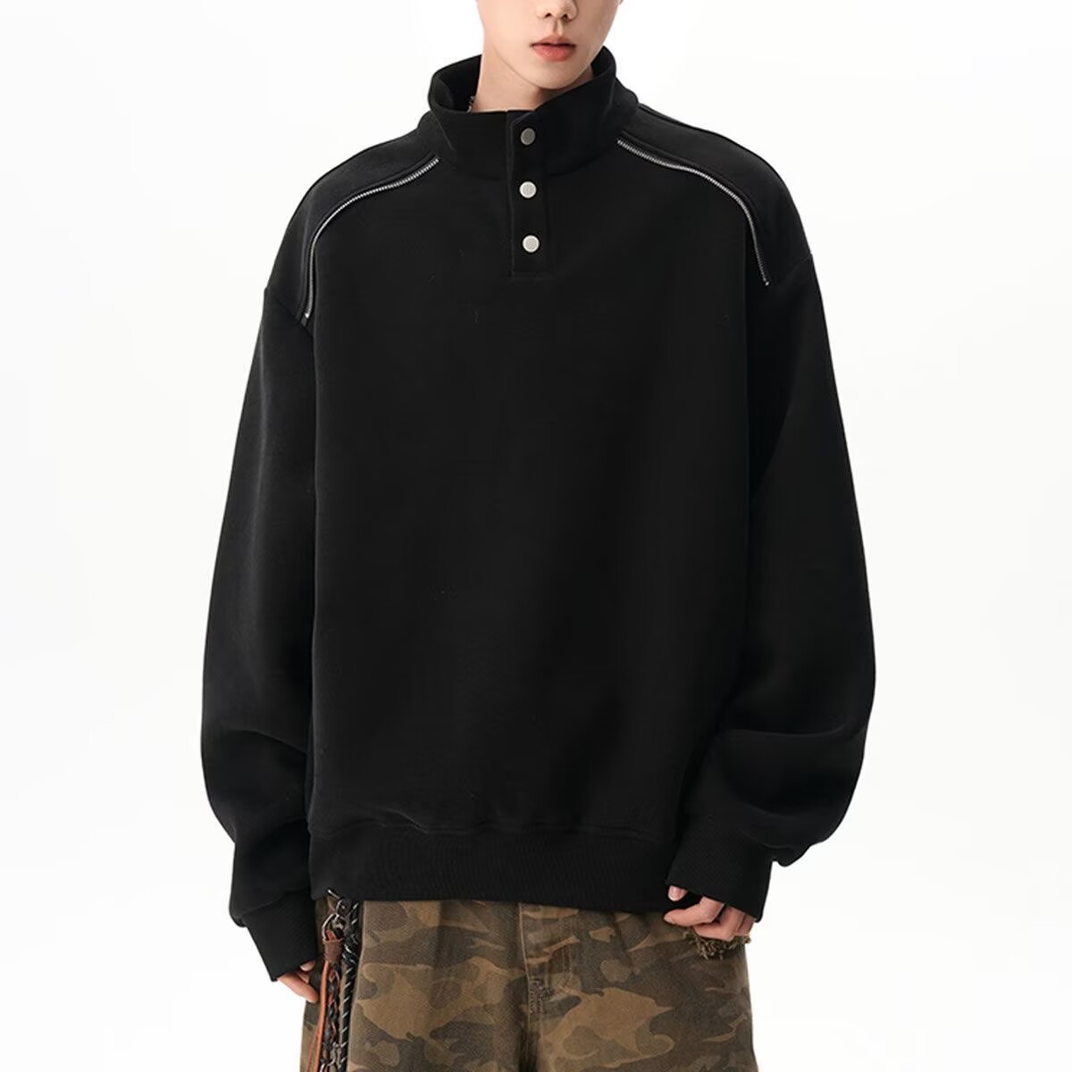 半拉链立领卫衣男士春秋季美式潮牌宽松纯色打底上衣百搭休闲外套