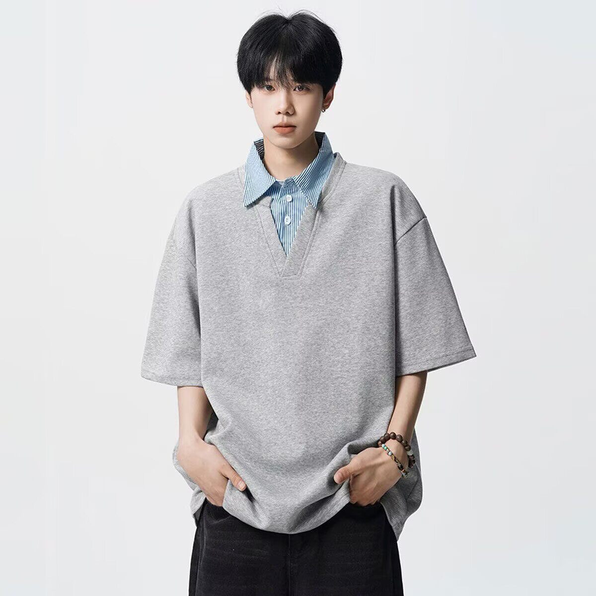 假两件Polo衫短袖男女夏季学院风情侣T恤简约青少年宽松半袖上衣