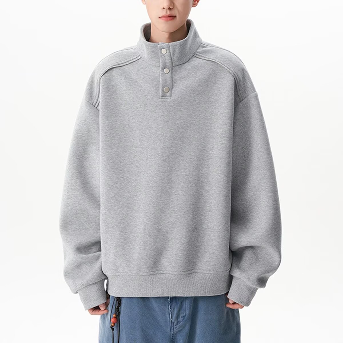 半开衫纽扣卫衣男春秋季美式潮牌宽松立领上衣服百搭帅气休闲外套