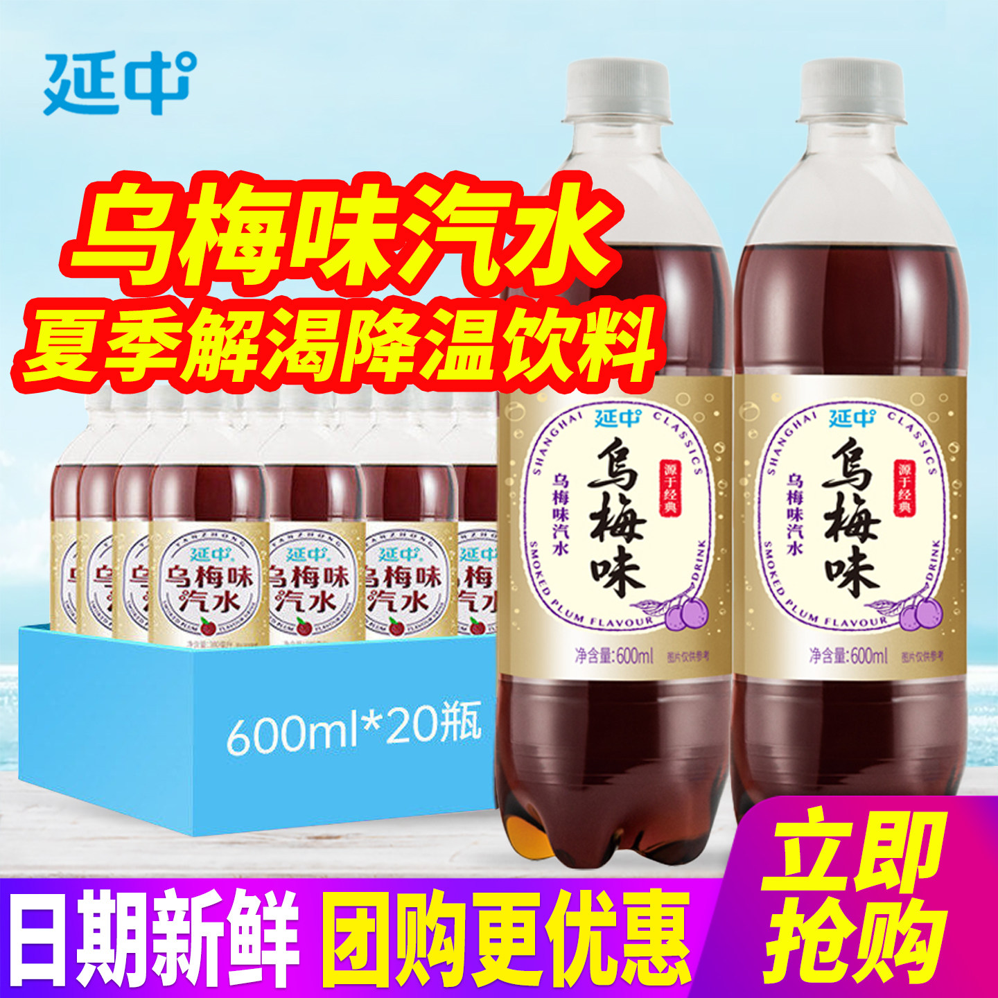 上海延中乌梅汁600ml*20瓶整箱包邮乌梅味碳酸汽水夏降温解暑饮品