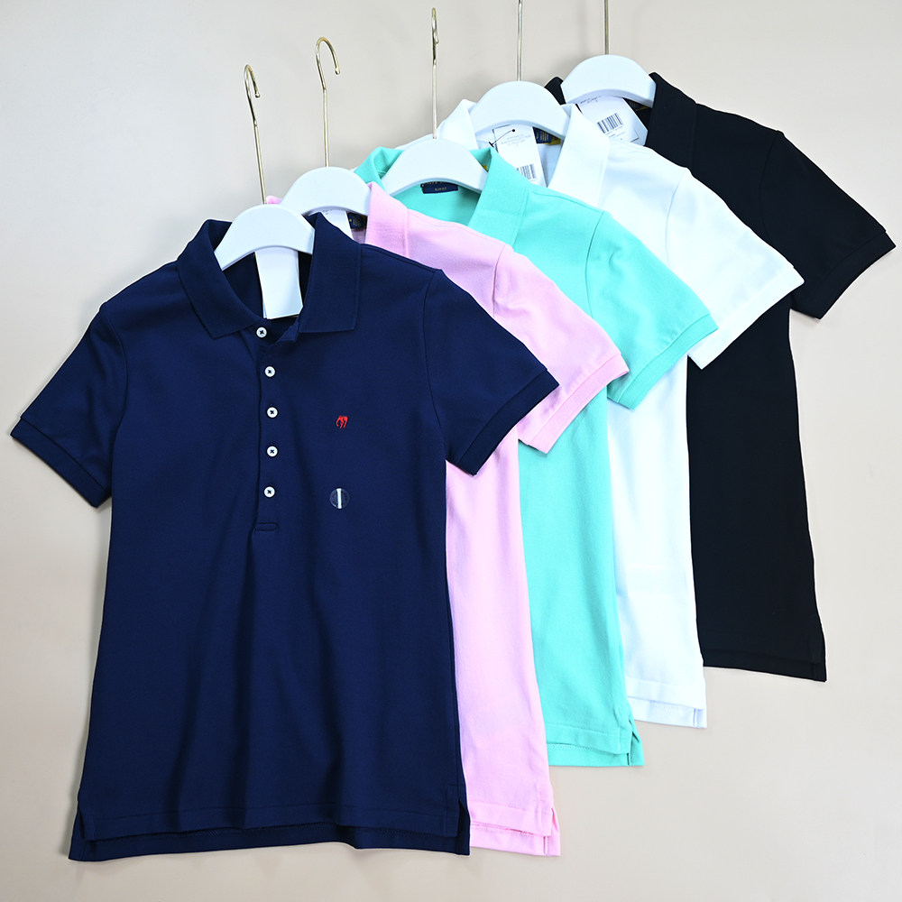 夏季女士新款翻领系扣POLO衫短袖上衣 刺绣小标修身显瘦半袖上衣