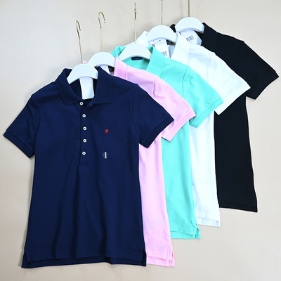 夏季女士新款翻领系扣POLO衫短袖上衣 刺绣小标修身显瘦半袖上衣