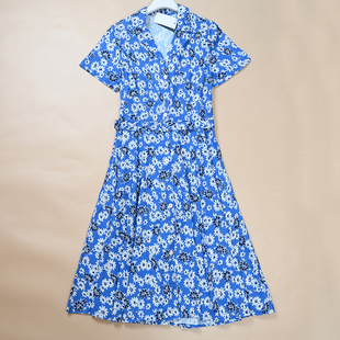 美国单  夏季新款女士冰凉丝感印花西装领系扣修身短袖连衣裙