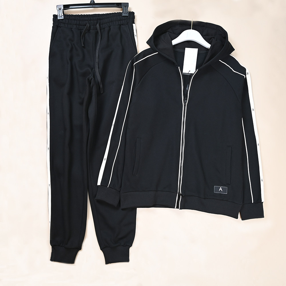 春秋新款女士运动休闲撞色条织带字母连帽开衫卫衣+卫裤套装