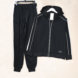 春秋新款男士运动休闲撞色条织带字母连帽开衫卫衣+卫裤套装