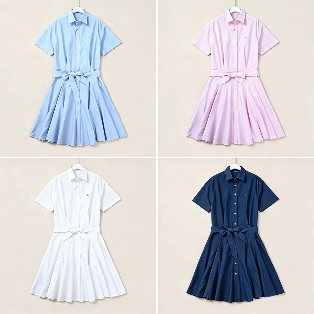 夏季新款彩色刺绣女士棉质衬衫式系带短袖连衣裙3336