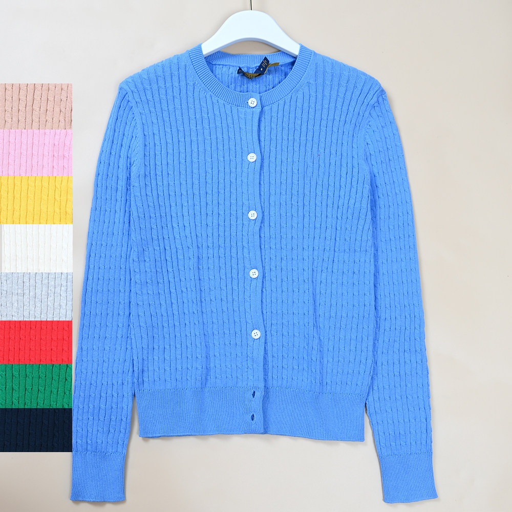 外贸新款女装刺绣小标简约纯色麻花圆领修身针织开衫上衣