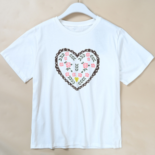 棉质修身 女士爱心印花显瘦基础花短袖 圆领T恤 新款 夏季
