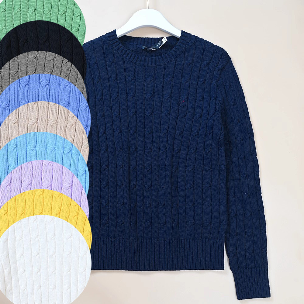 美单春季新款女士刺绣小标简约麻花设计休闲纯色圆领长袖针织毛衣