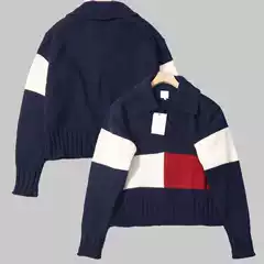 American Style New Embroidered Color-Blocked Knit Sweater for Women, Long-Sleeved Pullover Sweater