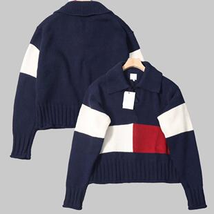 美系   新款翻领刺绣色织拼接色针织衫女士长袖套头毛衣