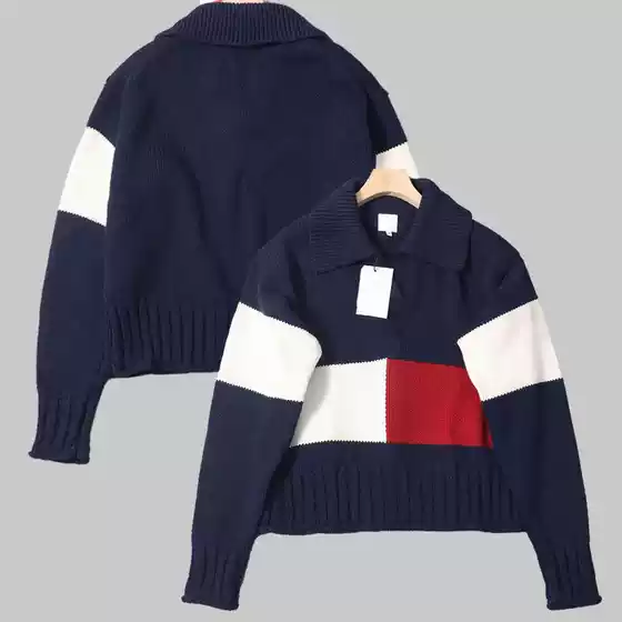 American Style New Embroidered Color-Blocked Knit Sweater for Women, Long-Sleeved Pullover Sweater