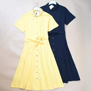 法单  夏季新款女士珠地棉系扣翻领短袖修身polo连衣裙