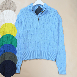 美系 秋季新款女士经典刺绣粗针棉线绞花半拉链立领落肩长袖毛衣