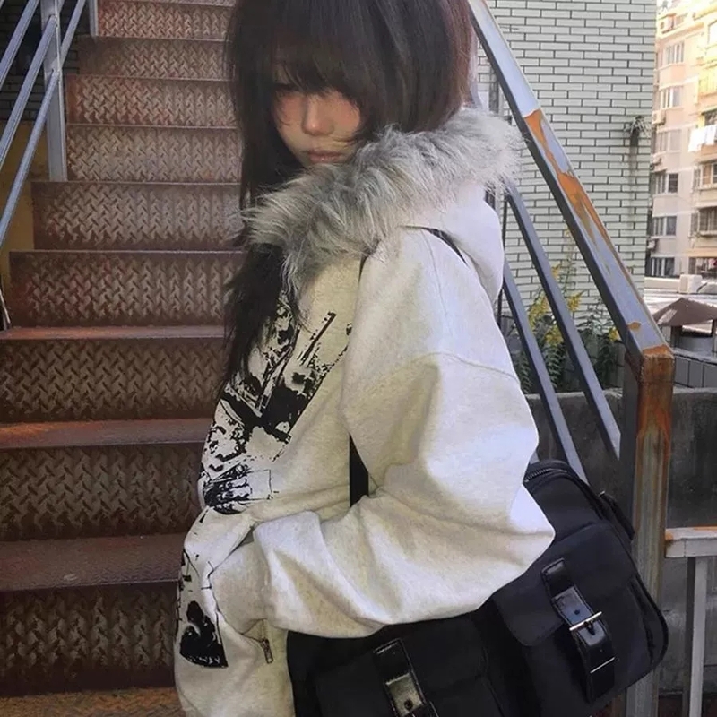 毛领卡通y2k连帽卫衣女秋冬