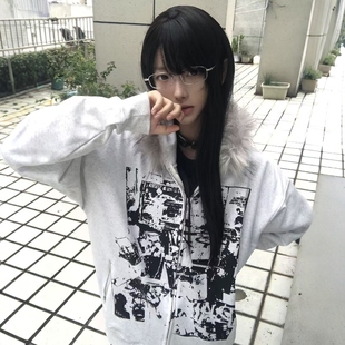 胖妹妹y2k亚文化毛领连帽卫衣外套秋冬季加绒加厚视觉系开衫上衣