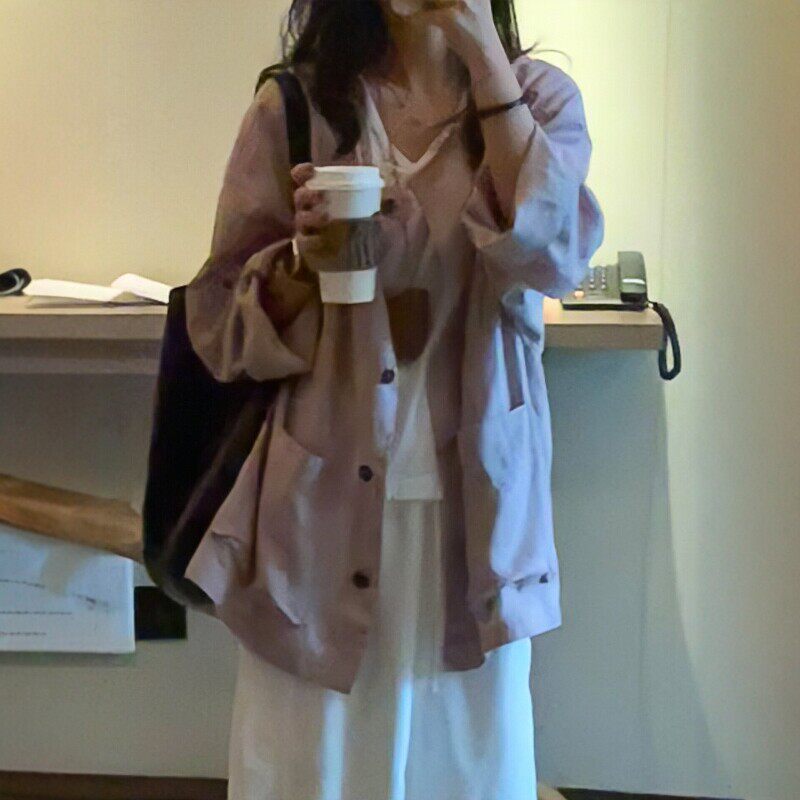宽松纽扣防晒薄款通勤甜美风上衣