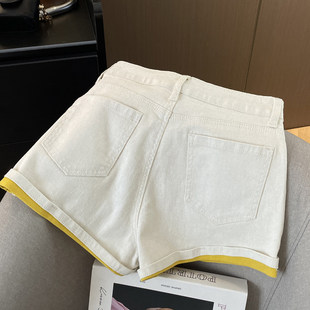 韩版 百搭显瘦热裤 减龄撞色高腰水洗白色A字牛仔短裤 新款 夏季 大码