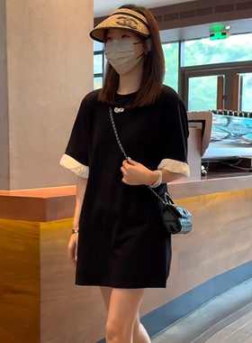 大码黑色撞色短袖T恤连衣裙女夏韩版新款时尚宽松休闲慵懒风上衣