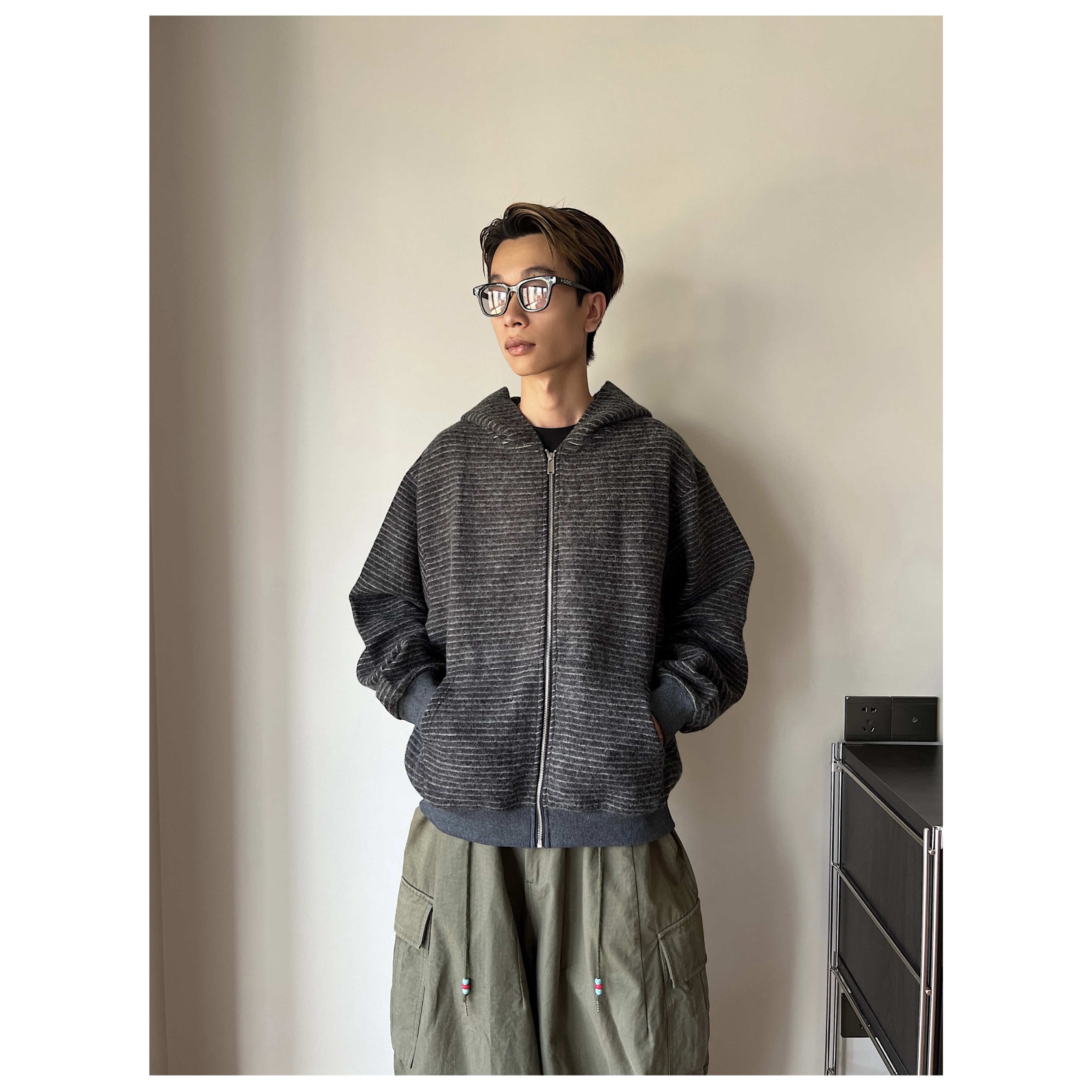 条纹连帽外套男女春秋美式潮流