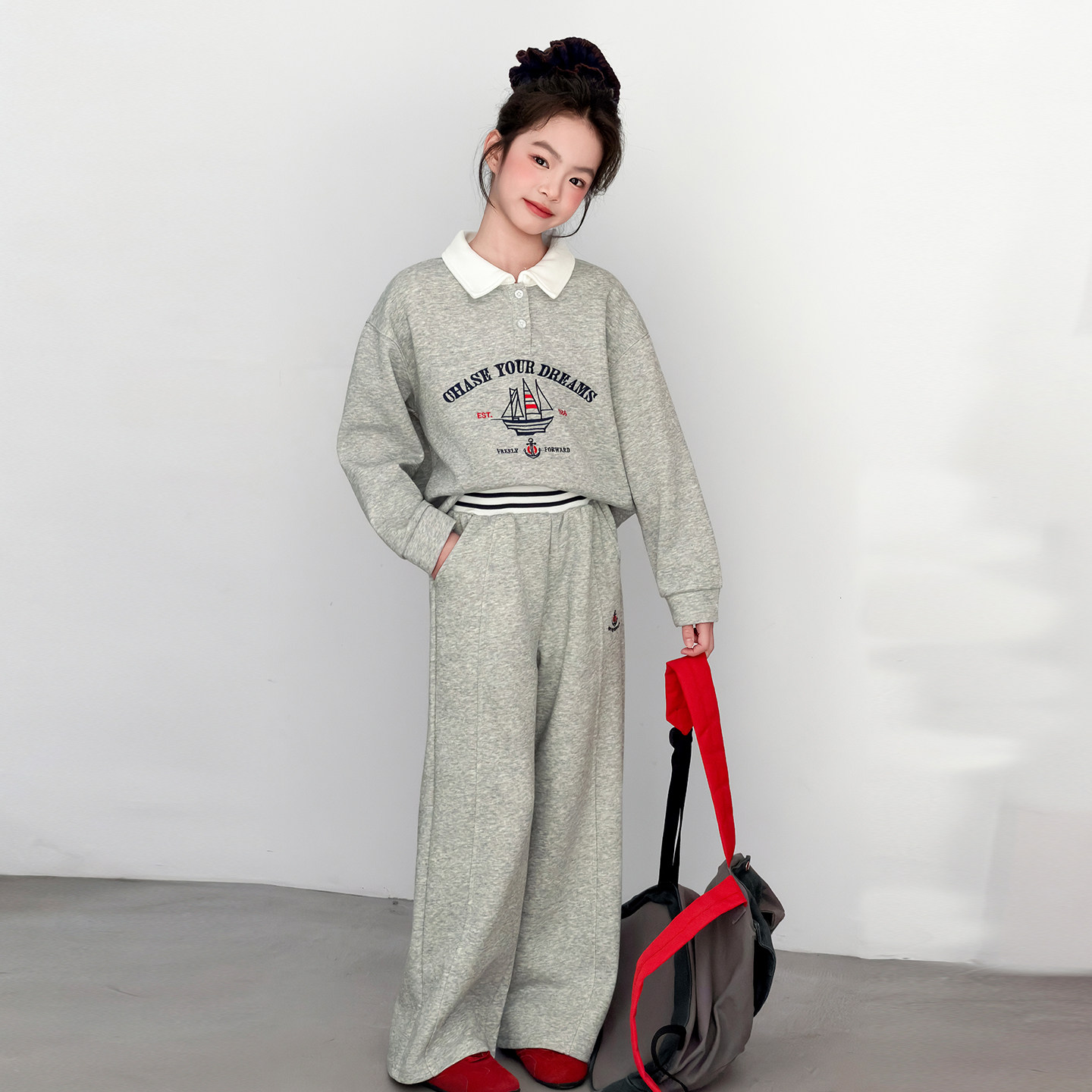 女童套装春季2026新款学院风韩版洋气翻领印花卫衣两休闲运动裤子