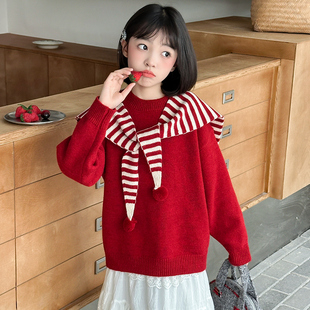 女大童秋季毛衣2025新款韩版初中生女孩披肩毛线衣洋气套头针织衫