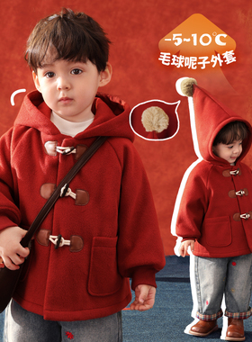 小O爸男婴童 男宝宝呢子外套红色复古牛角扣婴儿新年连帽拜年服