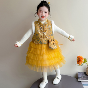 女童冬季新款加绒加厚中国风背心裙子中小儿童新中式年服毛衣套装