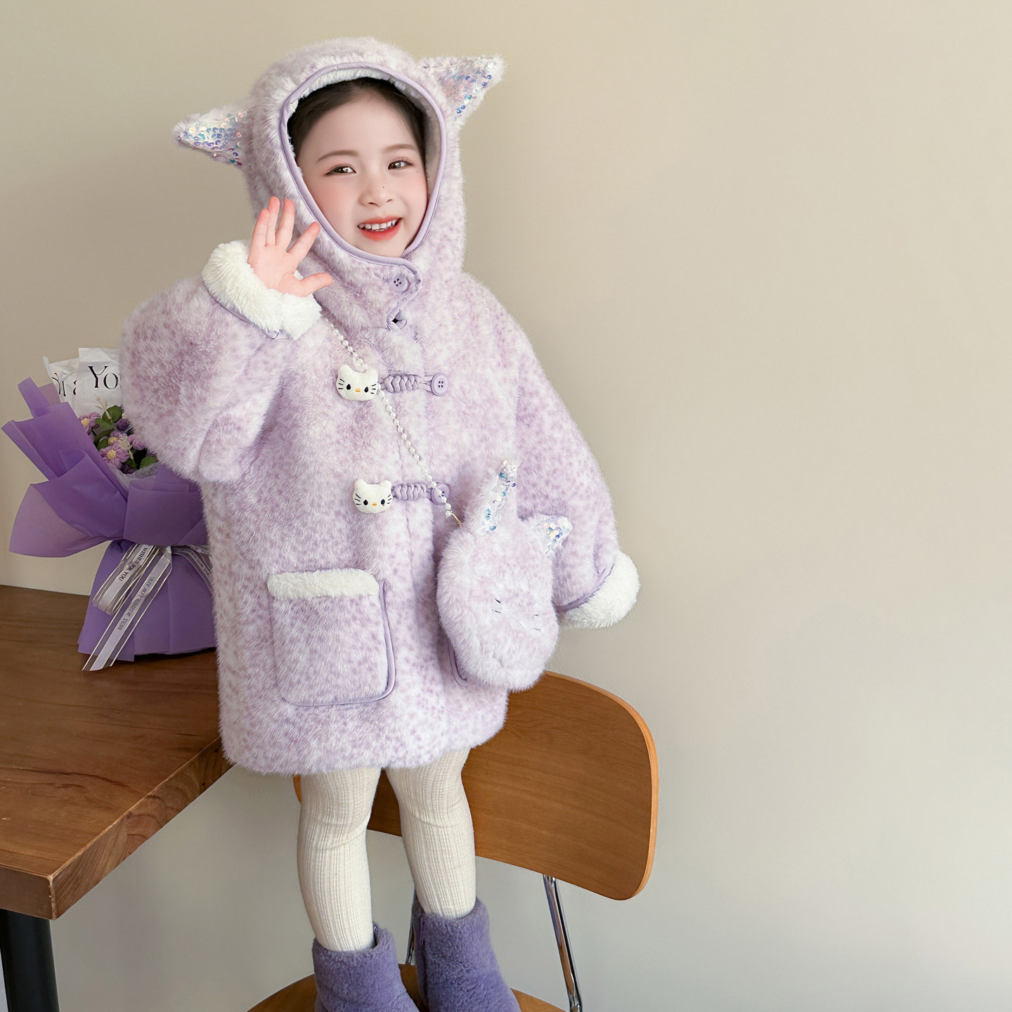 女童外套冬装2025新款洋气连帽小猫咪加绒加厚女宝冬装保暖毛毛衣