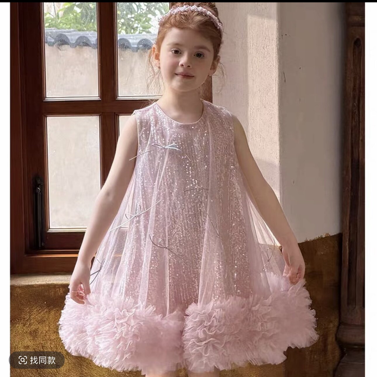 女童2026夏季亮片蝴蝶结网纱连衣裙女童公主裙粉色蓬蓬礼服背心裙