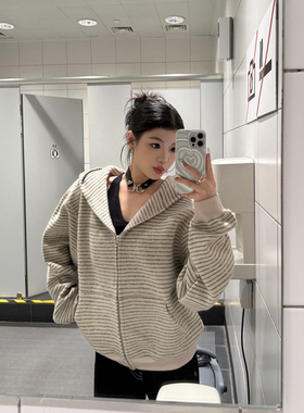 MaxDstr 美式复古2025早秋新款条纹拉链开衫连帽卫衣男女情侣外套