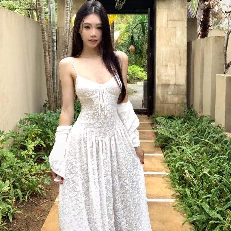 Audwyn蕾丝弹力提花吊带连衣裙女复古花纹开衫收腰显瘦长裙套装