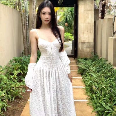 Audwyn蕾丝弹力提花吊带连衣裙女复古花纹开衫收腰显瘦长裙套装