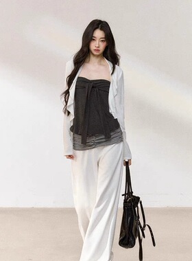 现货现发 原创设计韩系松弛感穿搭白色罩衫搭配灰色吊带两件套装