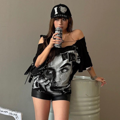 24ans Printed T-shirt | 含天丝人头印花大露背链条宽松短袖T恤