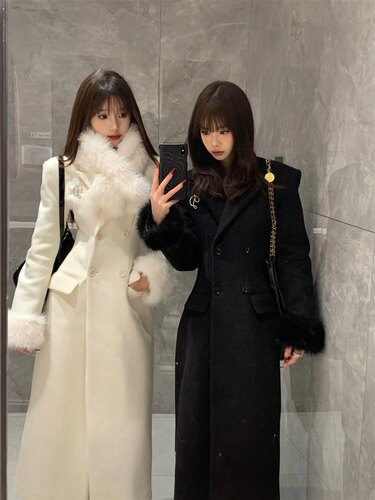黑色毛毛拼接中长款毛呢外套女秋冬季高级感收腰加厚过膝呢子大衣