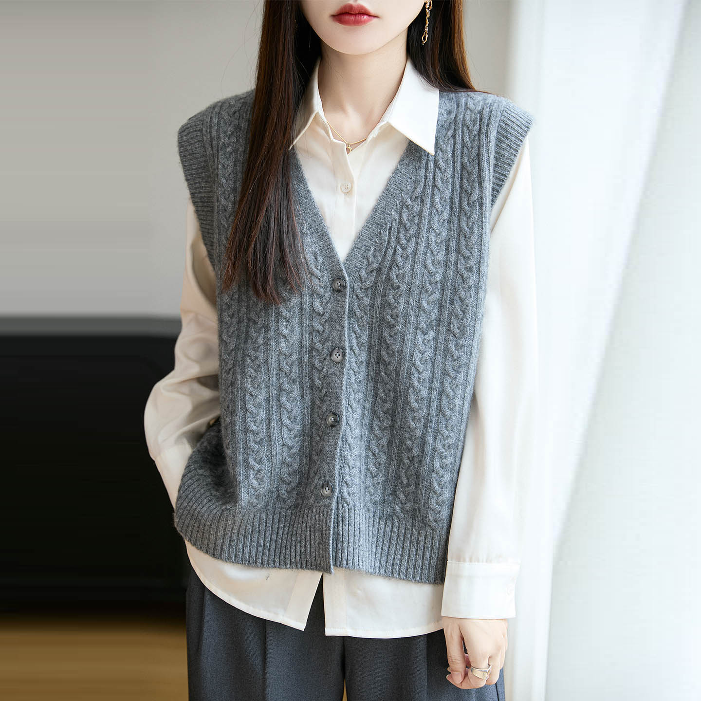 100%纯羊毛马甲开衫女外搭