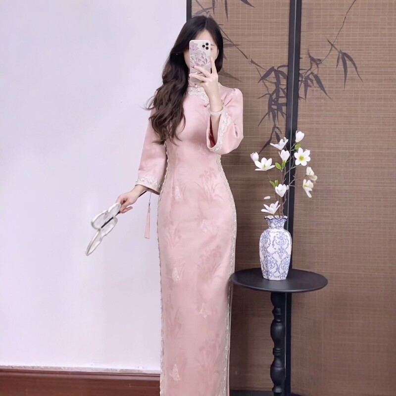 予溪自制【粉太太】秋冬温柔麂皮高级珠链蕾丝气质修身改良旗袍
