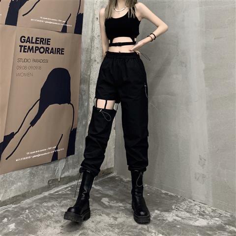 工装裤女夏季新款黑色不对称设计感破洞镂空显瘦高腰束脚休闲裤潮