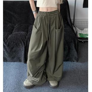 宽松阔腿裤 ins美式 抽绳设计感休闲裤 裤 hiphop 复古军绿色男女工装